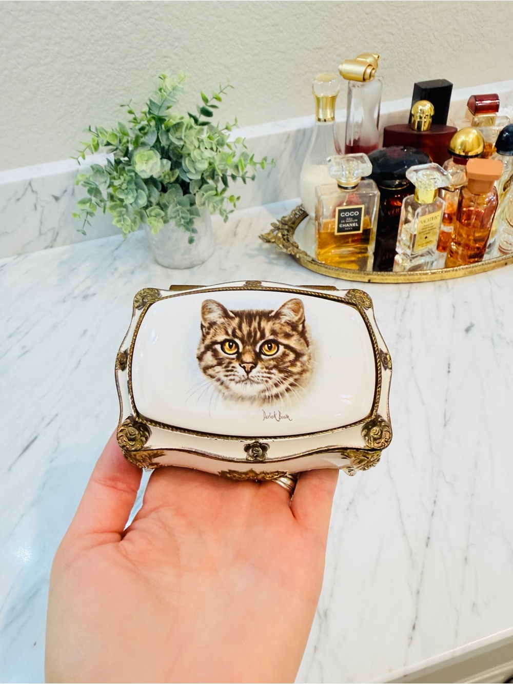 Vintage Porcelain & Enamel Cat Trinket Jewelry Box - Picture 11 of 14
